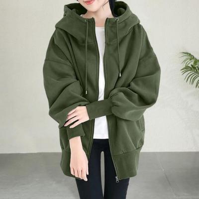 Женское толстое пальто для осени и зимы, теплая однотонная флисовая куртка средней длины с карманами, свободное пальто с капюшоном на молнии для повседневной носки