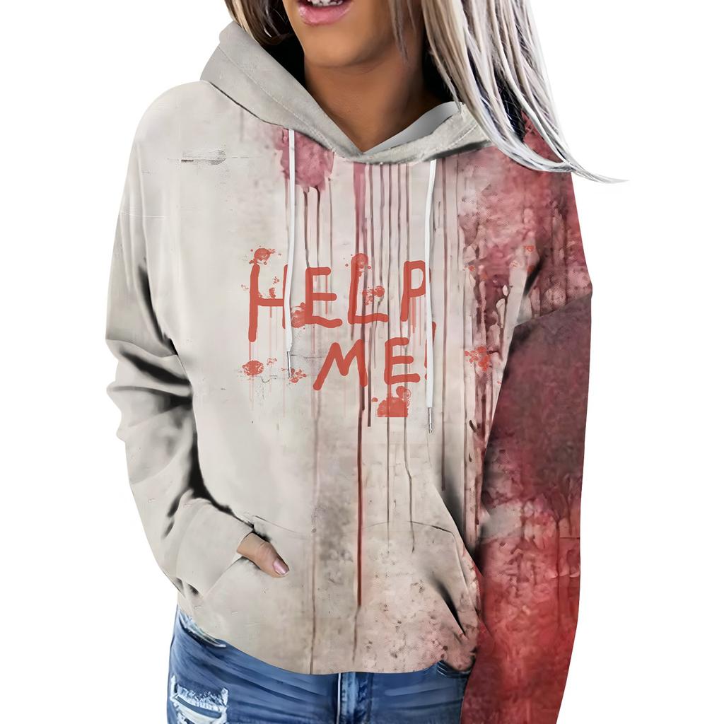 Женская модная повседневная толстовка с капюшоном и длинным рукавом с принтом на Хэллоуин