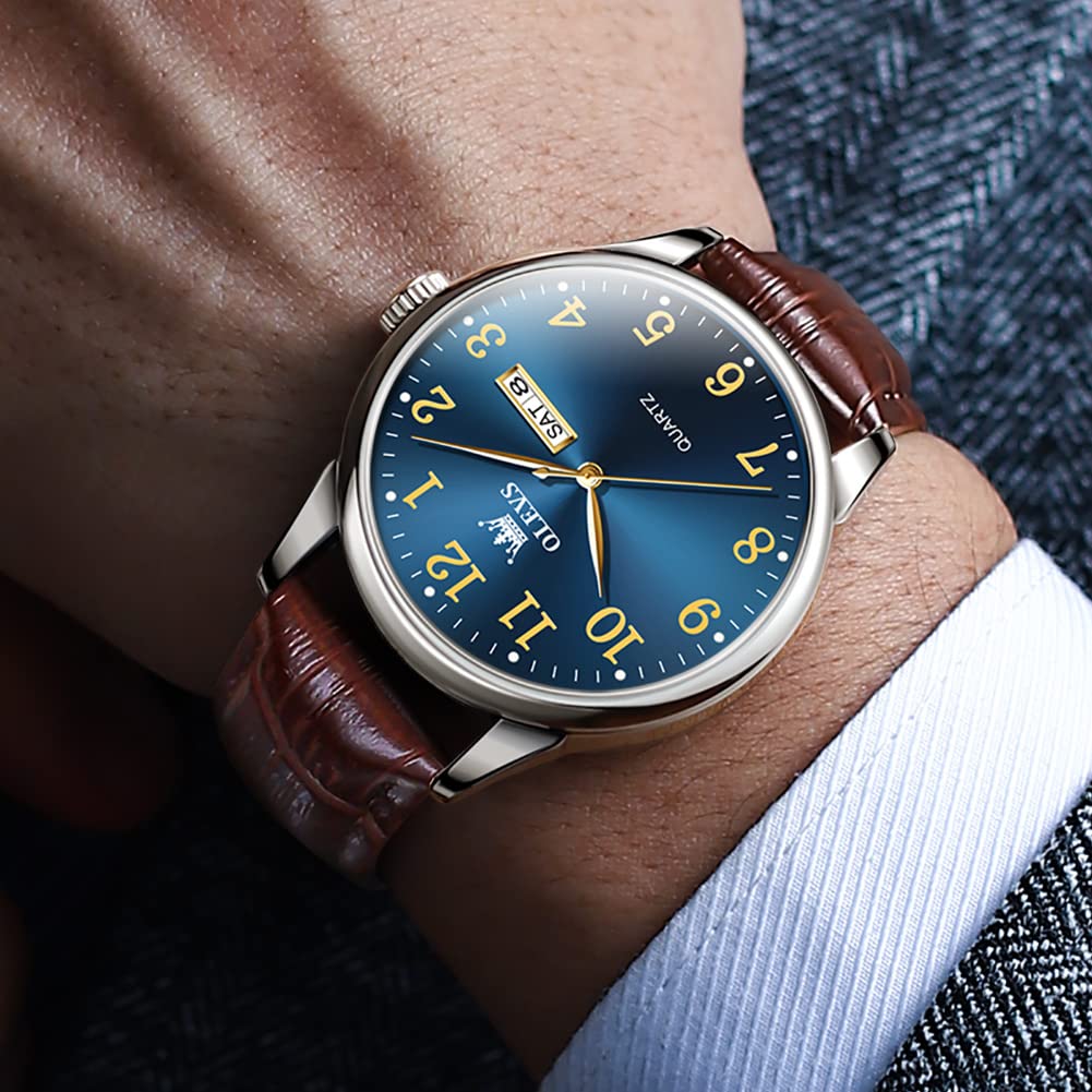 OLEVS Аналоговые кварцевые часы Day of the Business Brown Leather Популярные легкие в синем циферблате Большие часы для мужчин Мужские часы, дата, неделя, мужские часы, стильные,