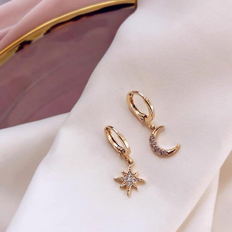 925 Silver CZ Star Moon Asymmetric Hoop Earrings for Women Girls Gold Silver Color Party Jewelry Gifts