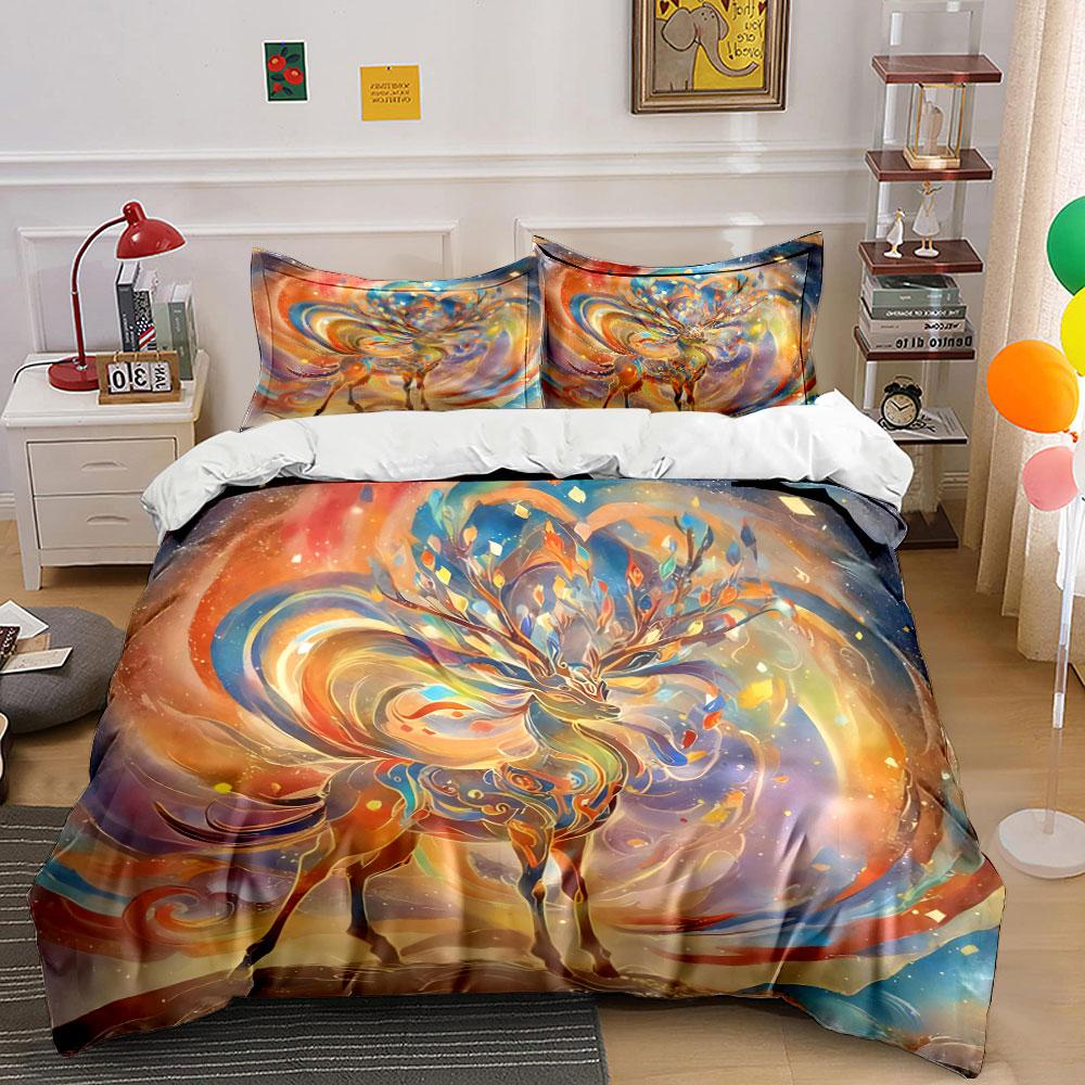 Colorful Deer Art Set - Home Decor Bedding Set with 1 Duvet Cover 2 Pillowcases Single Double King Queen, Gift