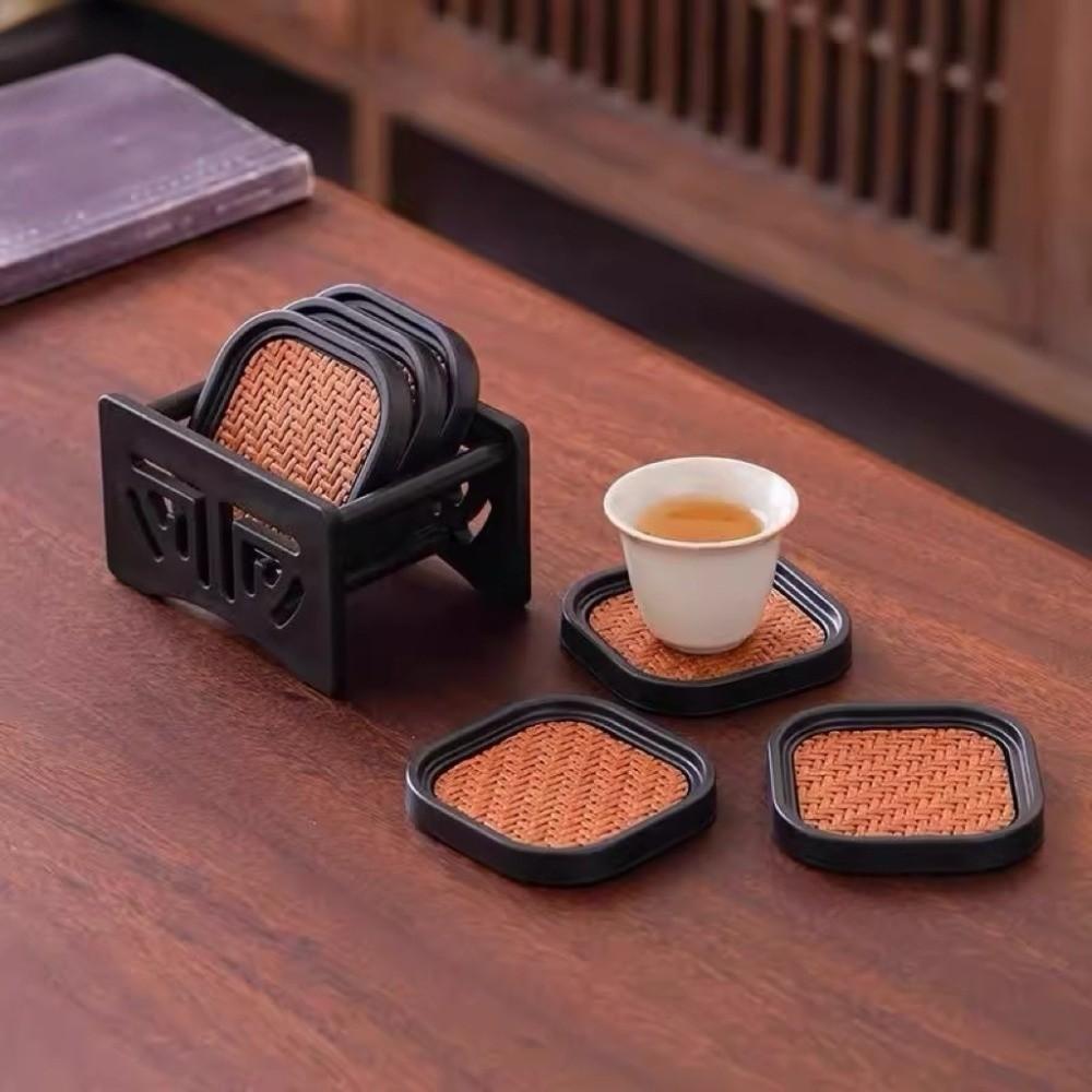 6pcs Anti-scalding Rattan Tea Coaster Set Elegant Chinese Style Heat Insulation Mat Lightweight Vintage Tea Cup Holder