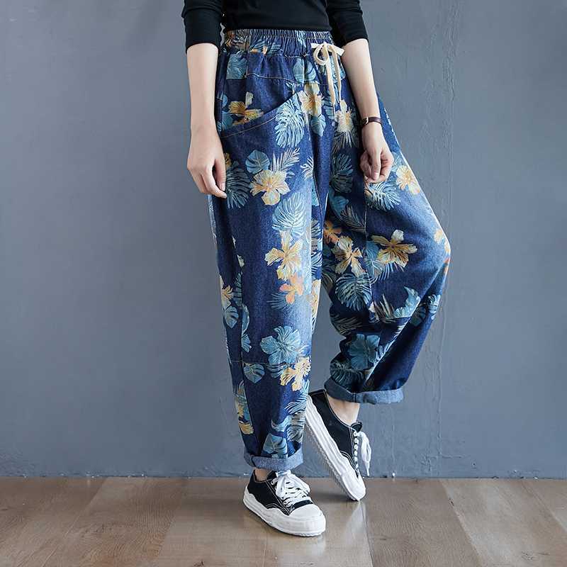 Большие размеры Весна Лето Осень Повседневные свободные джинсы Винтажные цветочные джинсы Женские брюки из денима с высокой талией Шаровары