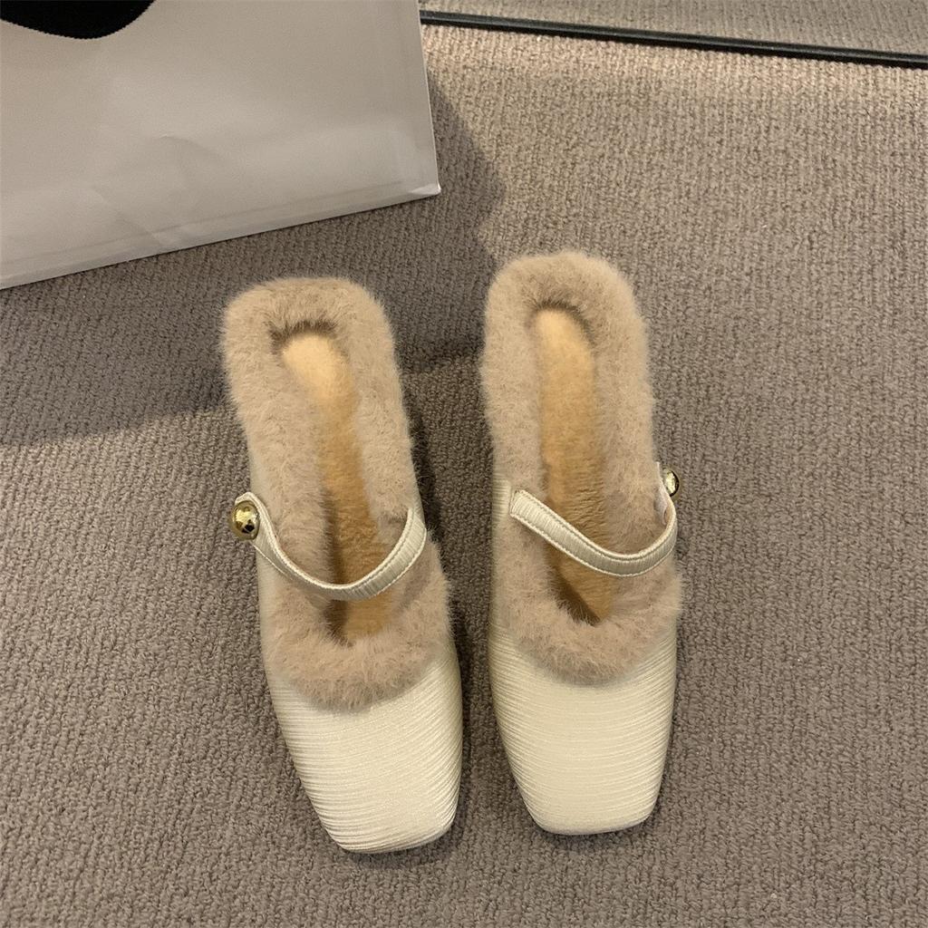 2025 New Autumn and Winter Fluffy Shoes Wear Women's Shoes Thick Heel Velvet Cotton Shoes Temperament French Bag Head Half Slippers