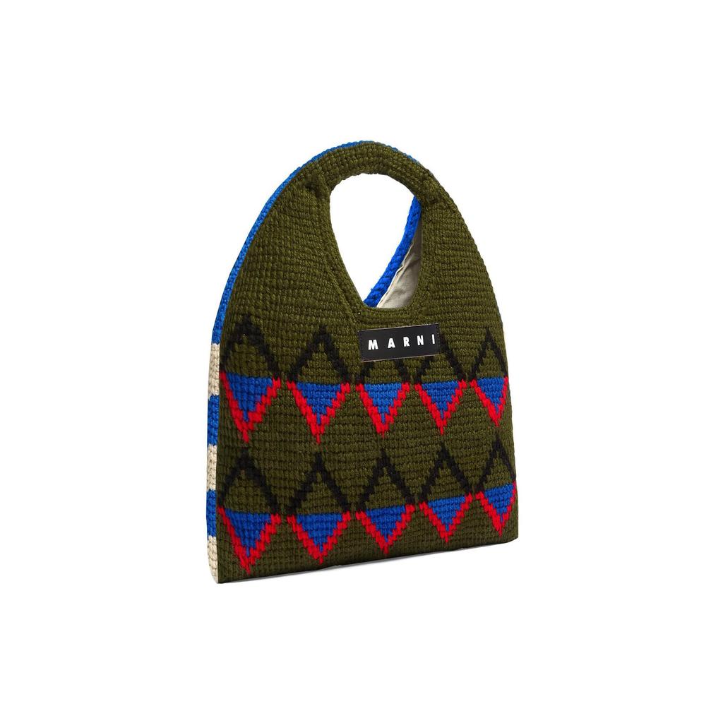 Marni Market Letter Logo Geometric Pattern Technology Wool Tote Bag Women handbags Khaki-Green Blue SHMH0049A1FW305JQV30