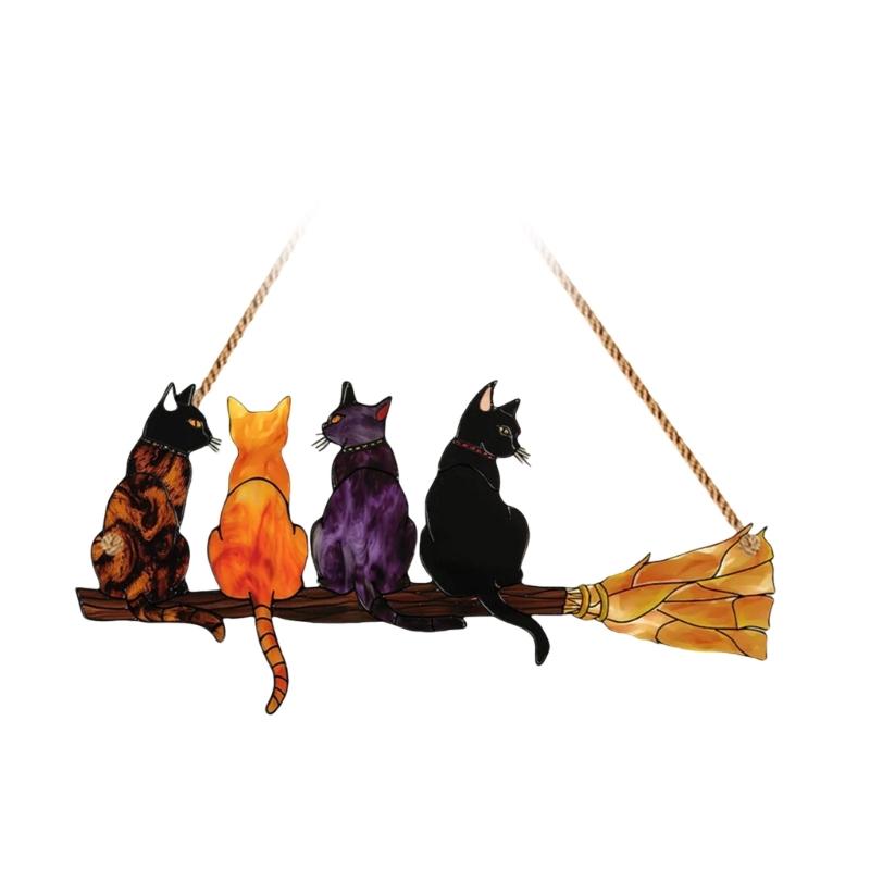 Elegant Colorful Cats with Broom Design Window Hanging Ornament Compacts Size Acrylic Suncatchers Home Garden Decors