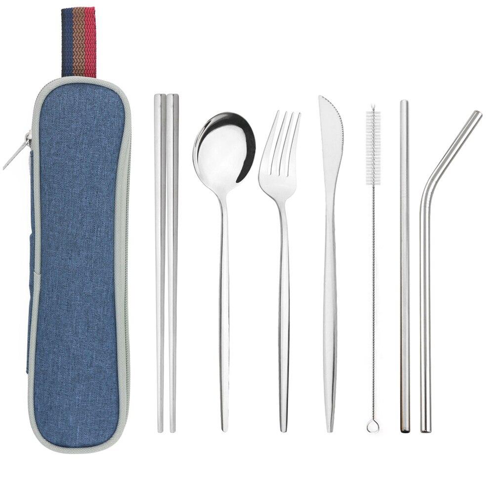 Серебряный набор столовой посуды, дорожный набор столовых приборов, многоразовое серебро, соломенные ложки, вилки, палочки для еды, кухонные аксессуары с сумкой