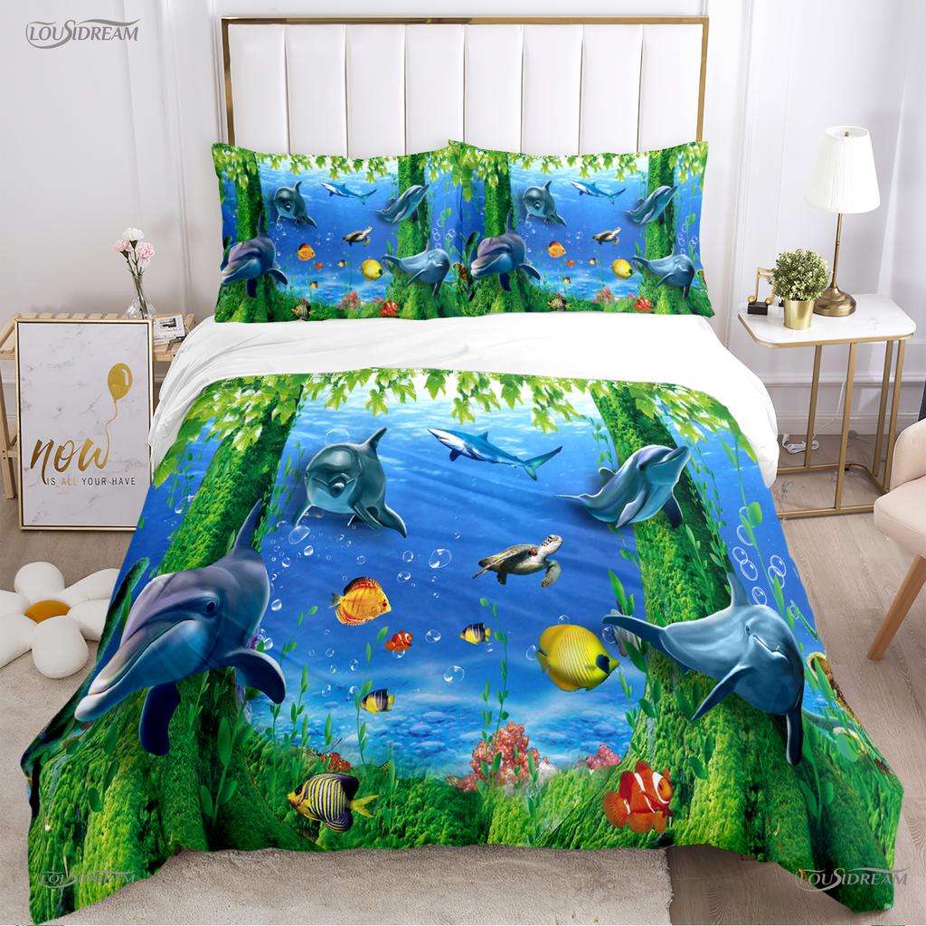 3D Ocean World Dolphin Whale Fish Duvet Cover Comforter Beding Set Soft Quilt Cover and Pillowcase for Single/Double/Queen/King