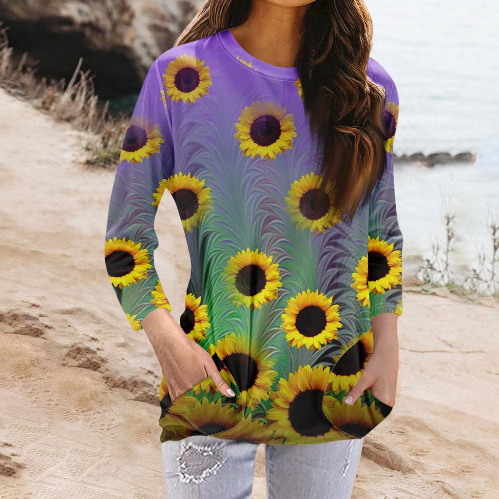 Женская модная повседневная футболка с карманом и круглым вырезом с рукавами 3/4 и топом