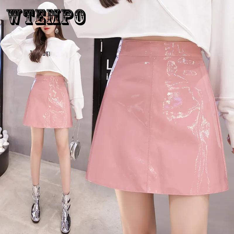 Юбки из искусственной кожи, женские уличные юбки с высокой талией, лакированная кожа, черные, розовые, синие, повседневные юбки трапециевидной формы, женские летние тонкие юбки на молнии на бедрах