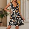 Women's Summer Dress V Neck Sleeveless Casual Floral Print Hem Pleated Dress