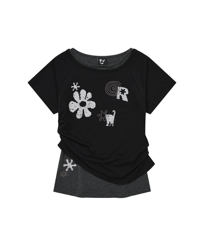 LMR Motif Embroidered Stripe Layered Short Sleeve T-Shirt Black Stripe