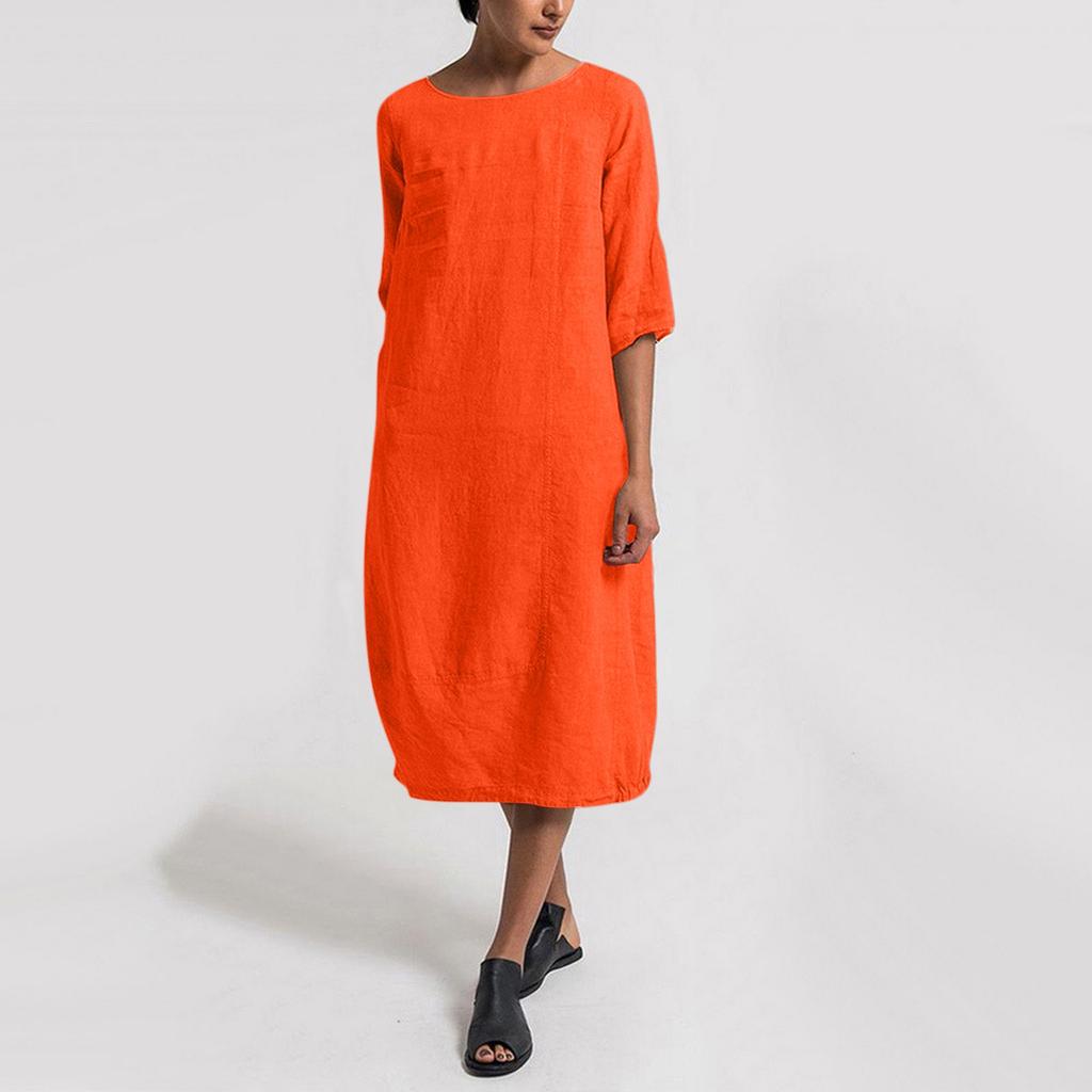 Women's Casual Loose Cotton Linen Mid Sleeve Round Neck Large Size Dress