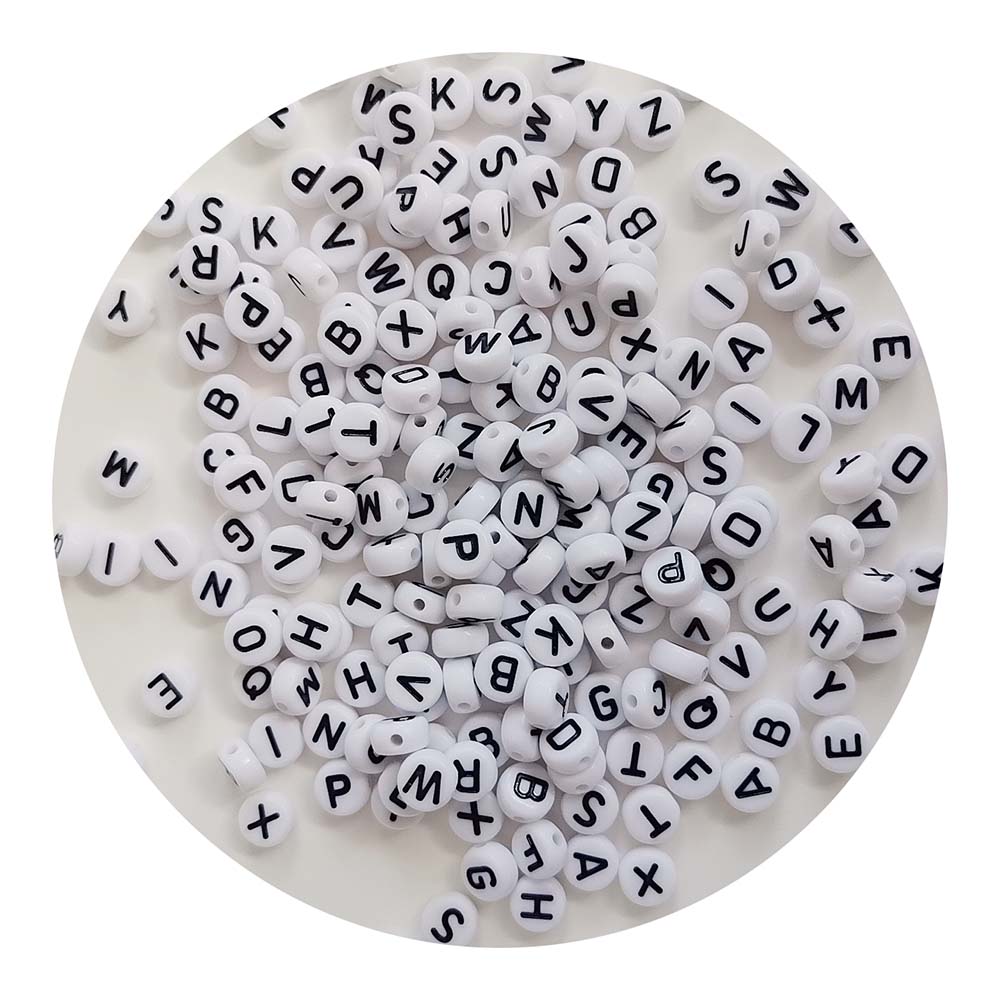 7mm White Flat Black Letters 100pcs Coin Spacer Beads Acrylic Plastic Jewelry Making DIY Bracelet Necklace