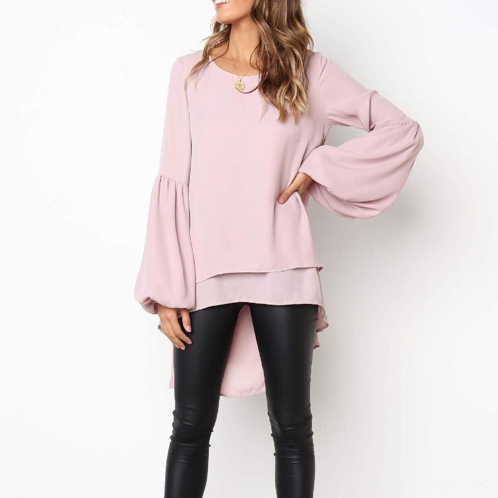 Women's Casual Round Neck Long Sleeve High Hem Irregular Double LayerTop Shirt