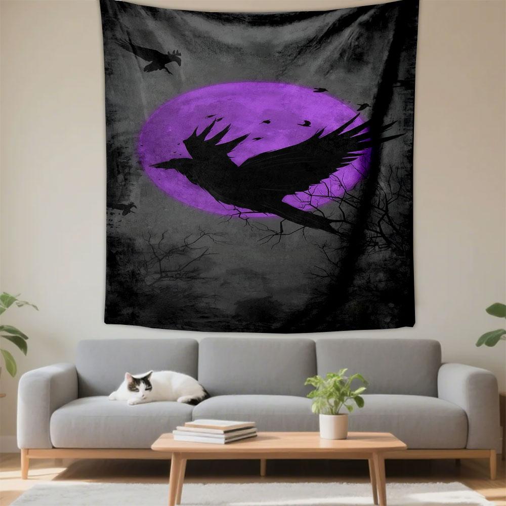 Purple Moonlit Crow Silhouette Design Patterned Tapestry Decorative Wall Hanging, Home Bedroom Living Room Decor