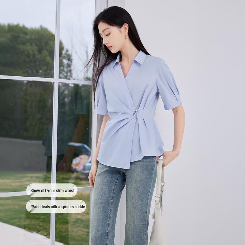 Women's French Style V-Neck Short Sleeve Blouse