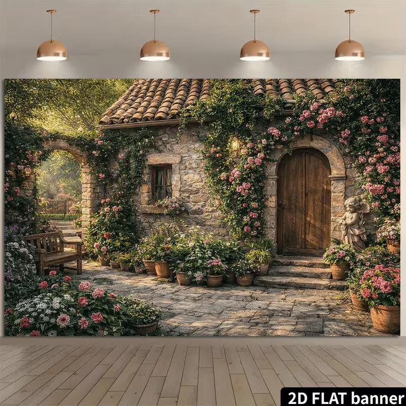 2D Vintage Rural Stone Villa Blooming Rose Courtyard Studio Backdrop