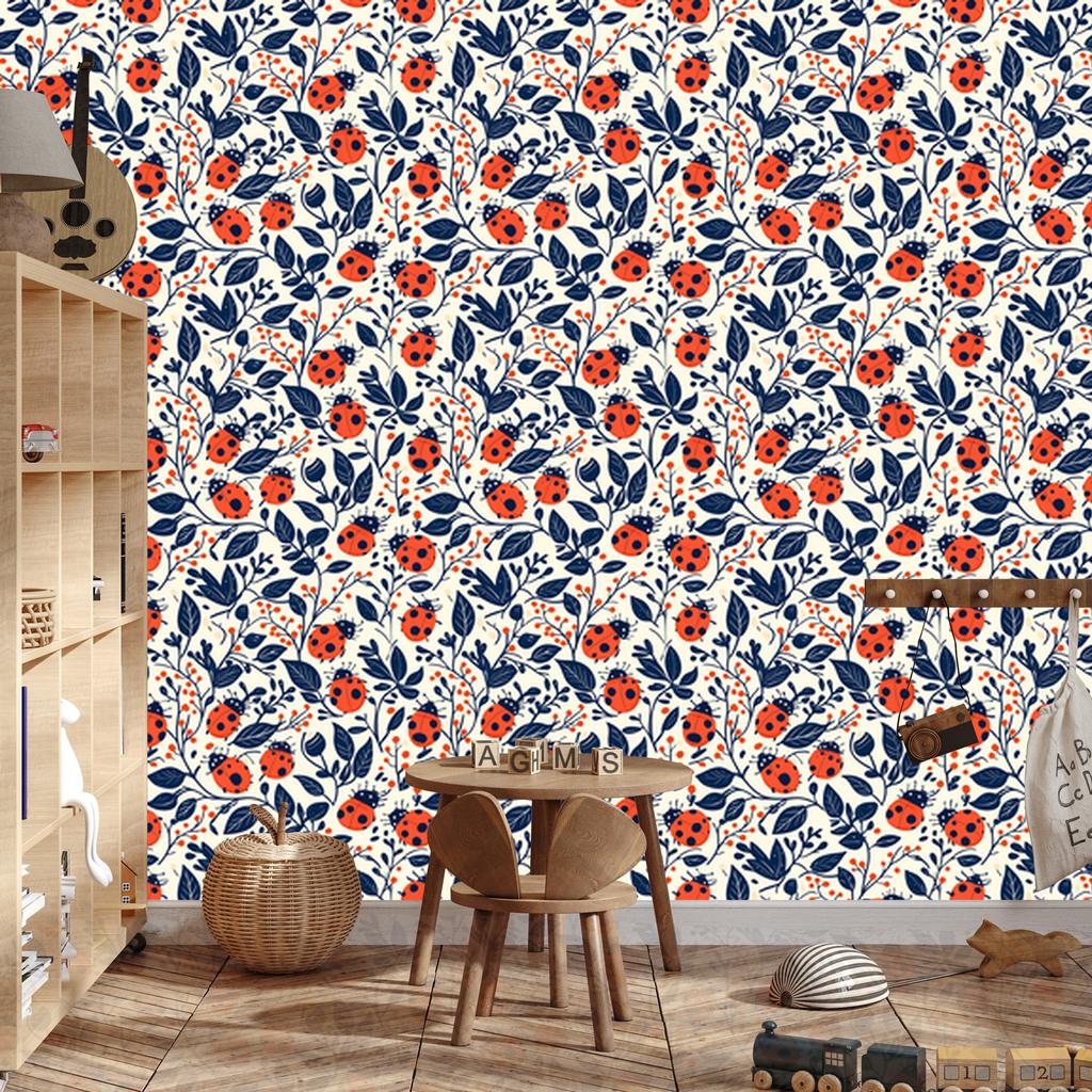 Ladybug Wallpaper Light Gray and Blue for Living Room and Bedroom 50x1000