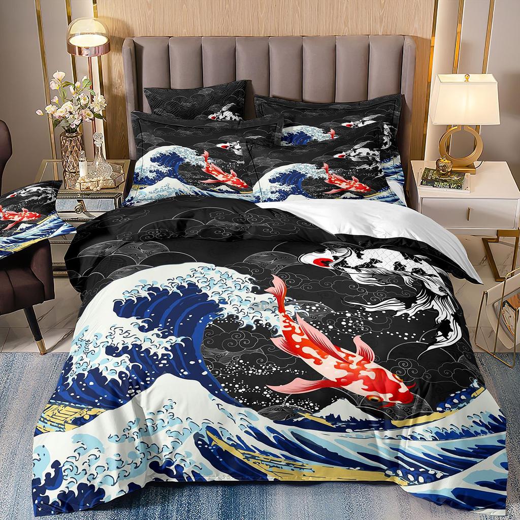 3D Three-Piece Ukiyo-E Painting Wave Flower Quilt Cover Digital Printing Bedding