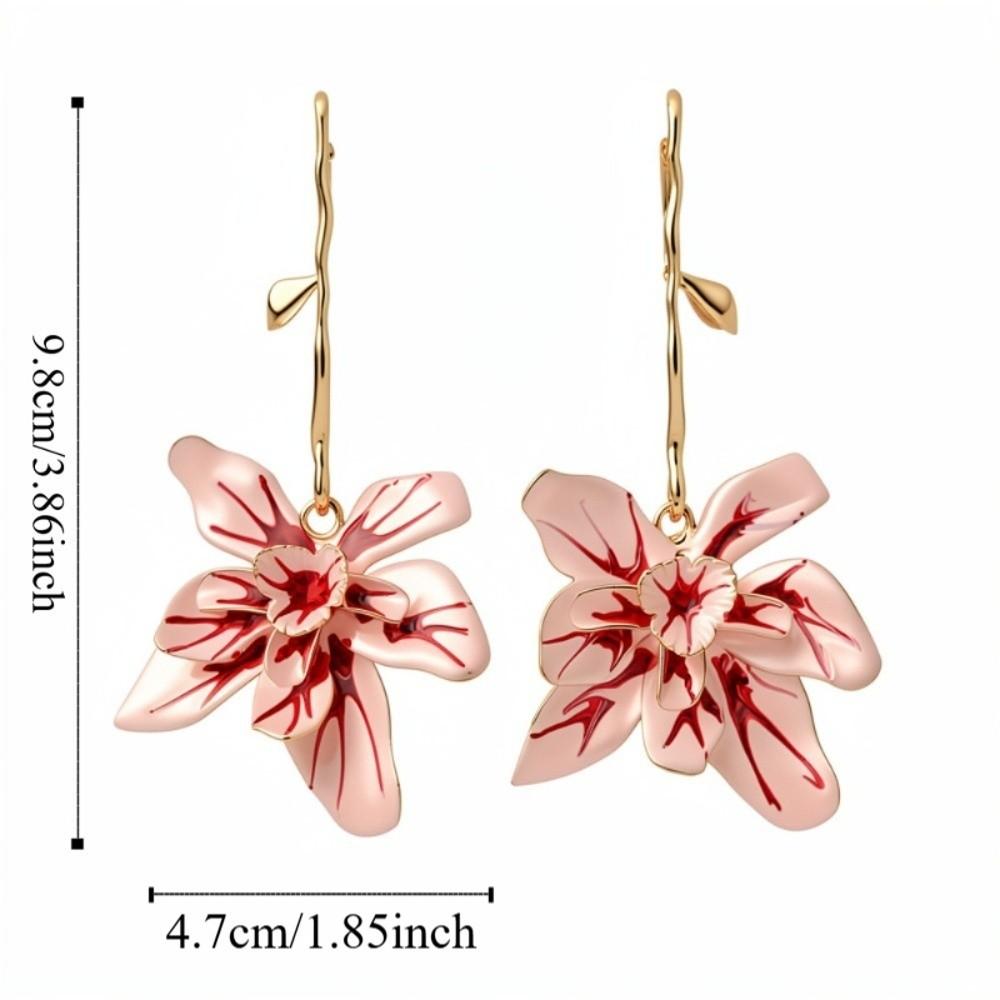 Zinc Zinc Alloy Floral Pendant Earrings with Leaf Stalk Stud Earrings Enamel Flower Drop Earrings Vacation
