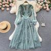 Small Fragrance High-grade Dress Female Lace V-neck Mesh Bubble Sleeve Slim Fit Korean Style A-shaped Dress
