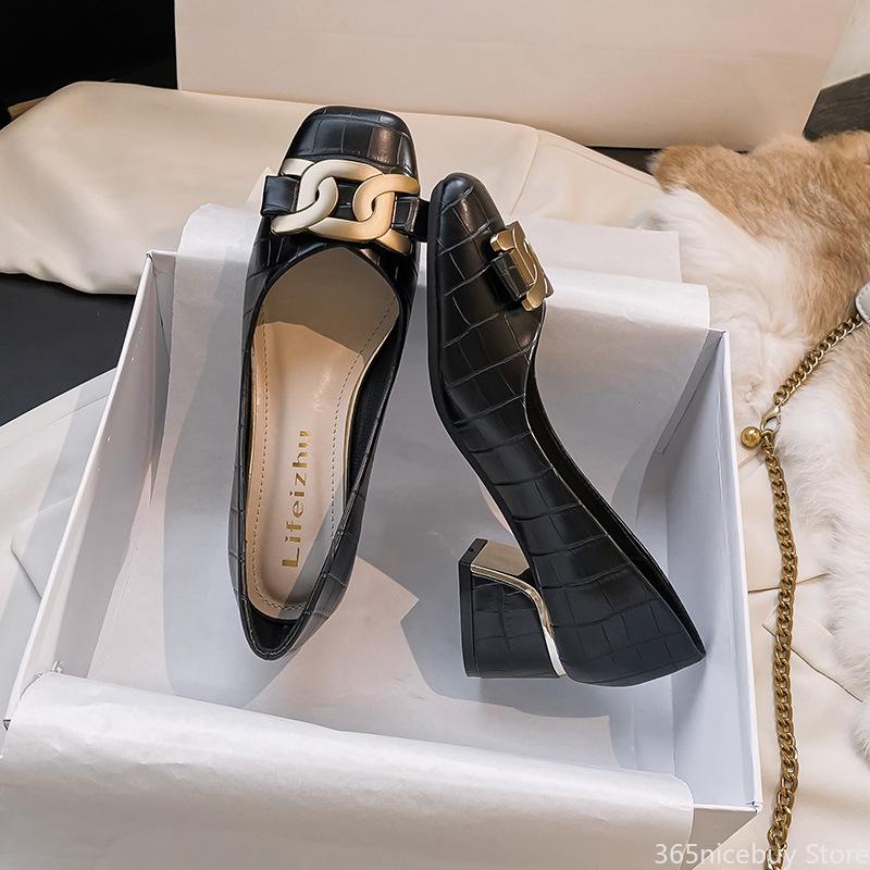 Shoes for Women Fashion Pumps New OL Leather Square High Heels Shoes Ladies Metal Decoration Leather Casual Shoes 35-43