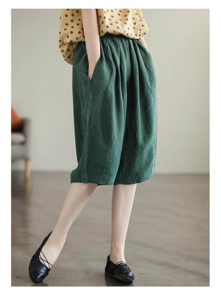 В наличии: Женские летние ретро хлопково-льняные брюки - Эластичная талия, Дизайн пять точек, Большой размер, Повседневный стиль