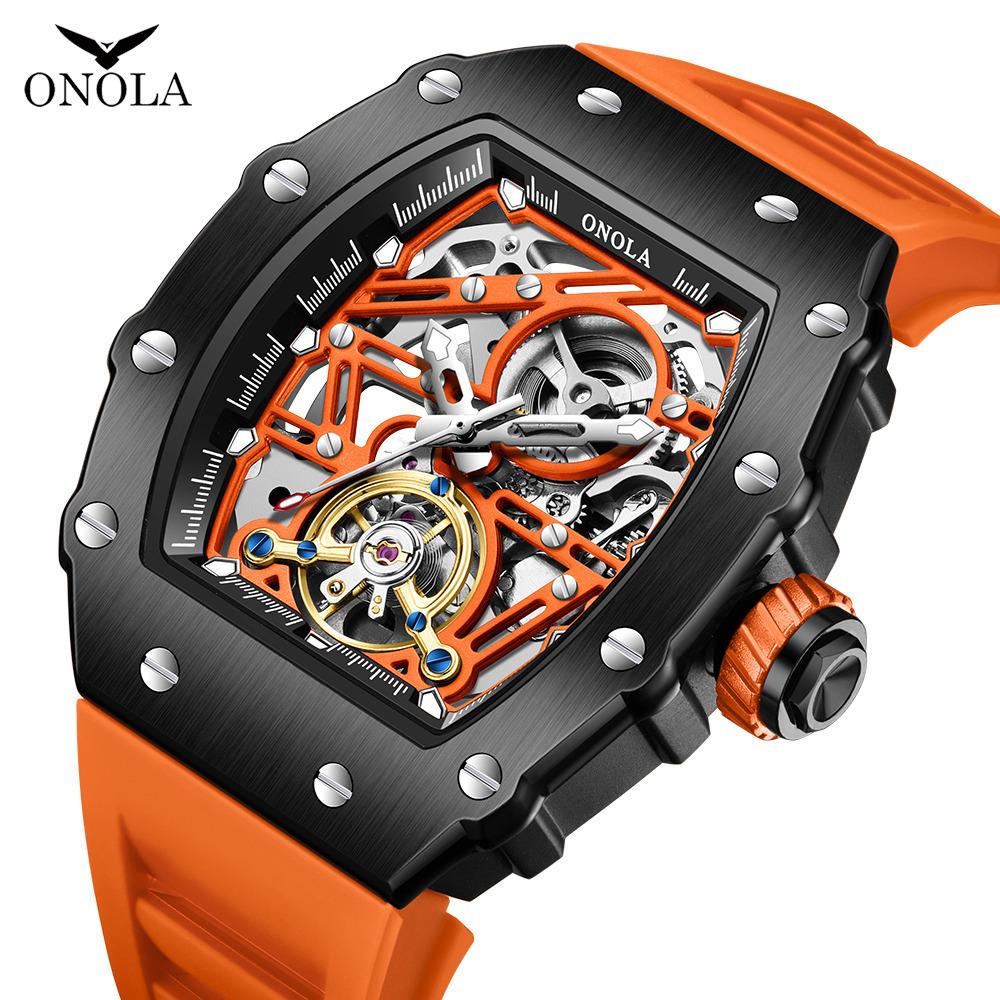 ONOLA Automatic Movement New 3854 Tourbillon Waterproof Silicone Strap Tonneau Mechanical Watches for Men Relogio Masculino