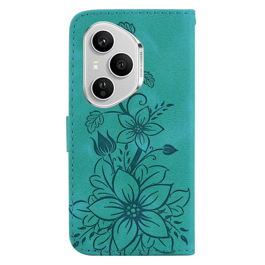 For Honor 400 Pro 5G (Global) Stand Case Lily Flower Imprint Leather Phone Cover with Wrist Strap