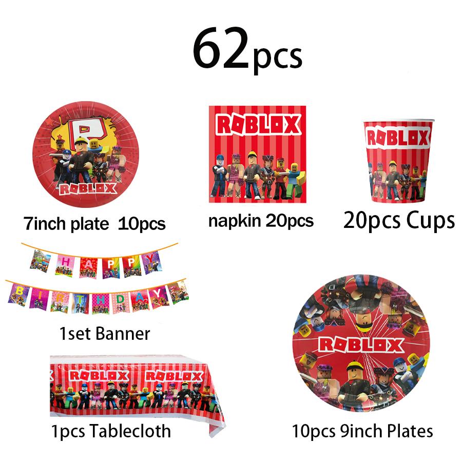 Roblox Themed Foil Latex Balloons Set for Birthday Party Decoration Includes Tableware Cups Cake Topper Backdrop Spiral Supplies