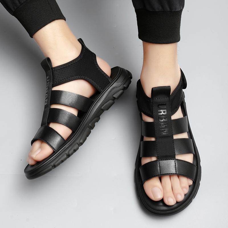Men Korean Version Genuine Leather Roman Sandals Summer Black Casual Shoe Male Buckle Strap Platform Sandals Outdoor Beach Shoes