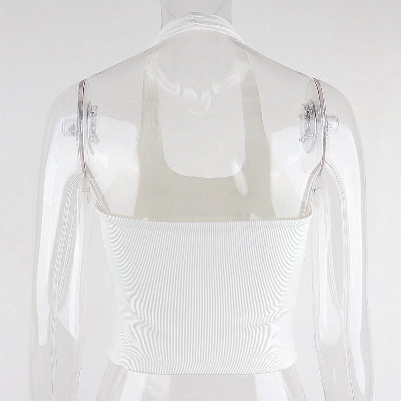 Летние новые сексуальные укороченные топы без рукавов для женщин с бретелькой через шею и открытой спиной, облегающие базовые топы, женские жилеты, модные ребристые однотонные женские повседневные майки 24683