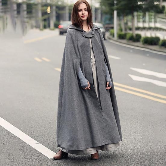 Winter Women Jacket with Hood Medieval Retro Cape Gothic Keep Warm Shawl Ankle Length Loose Cloak Thick Single-Button Closure Poncho Pirate Robe