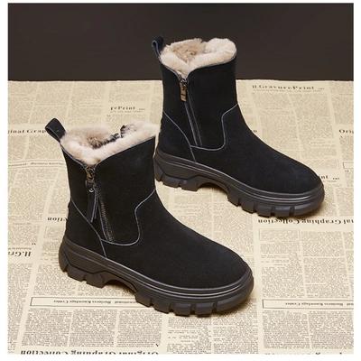 Женские пушистые ботинки 2024 осень и зима новинка однотонные боковая молния толстая подошва противоскользящие теплые хлопковые туфли зимние ботинки