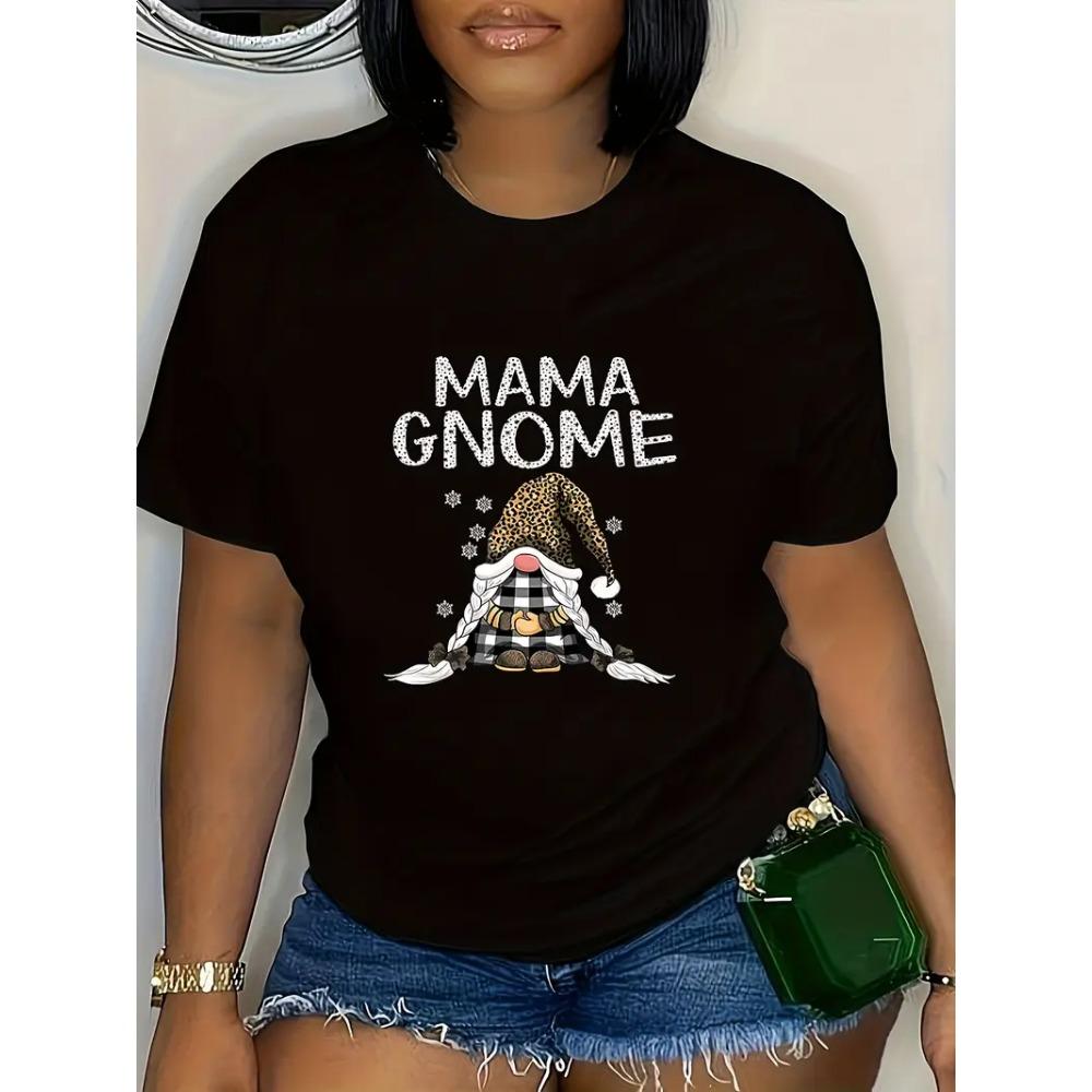 Women's Christmas Dwarf Pattern T-shirt Short Sleeve Round Neck Casual Top Washable Holiday Party Women's Clothing