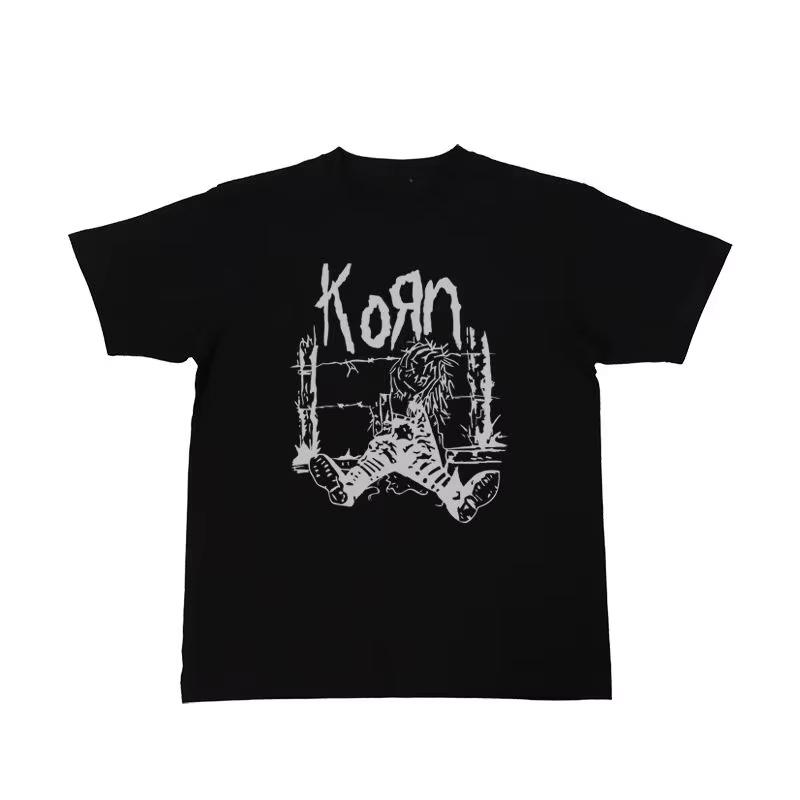 Летние хлопковые мужские и женские футболки с коротким рукавом KORN Рок-группа Периферийный узор Печать Черно-белый