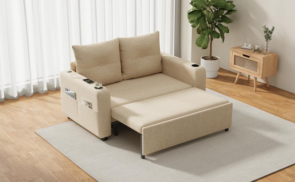 3-in-1 Sleeper Sofa, Pull-Out Sofa Bed, Double Sofa with Cup Holder, Side Pockets, Cushions and USB Port, Modern Design, Beige.[Old SKU:N653P8156A]