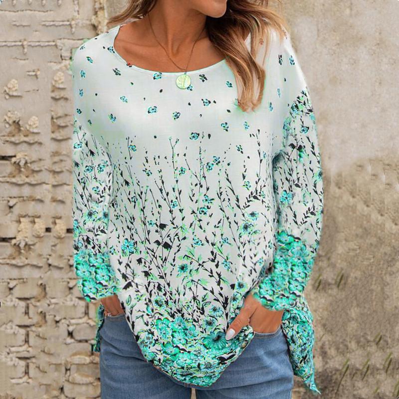 Autumn and Winter New Women's Round Neck Loose Print Flower Printing Long-sleeved Top T-shirt