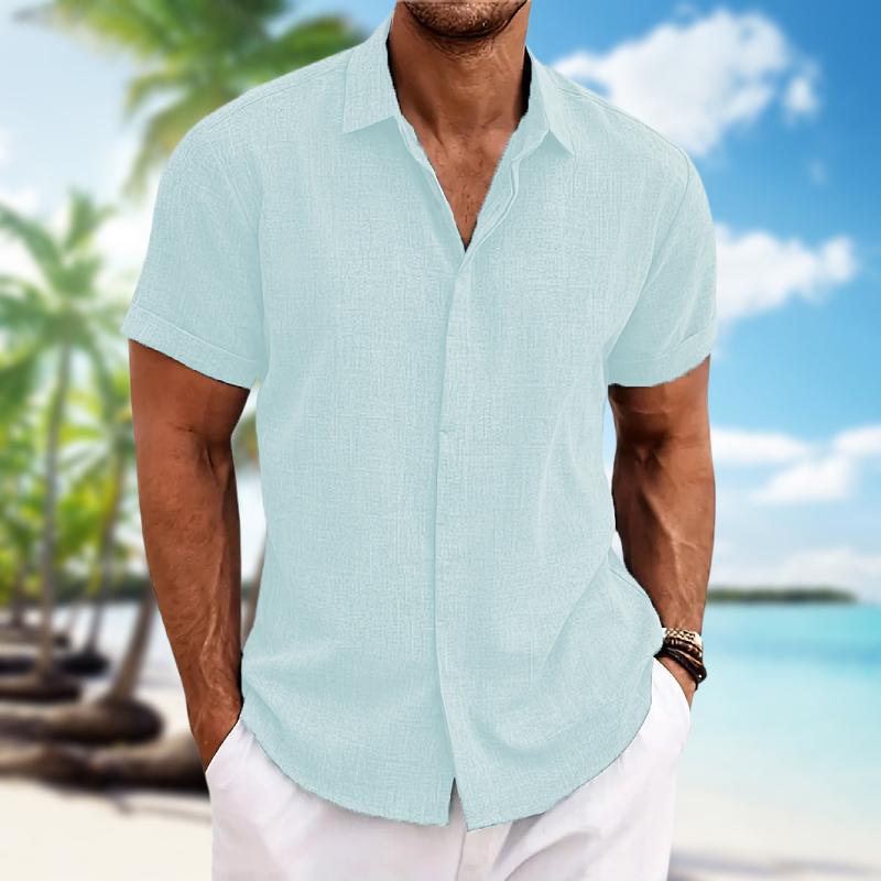 Мужская рубашка с короткими рукавами из хлопка и льна, легкая, приятная для кожи пляжная рубашка, свободная, повседневная, однотонная, модная мужская одежда
