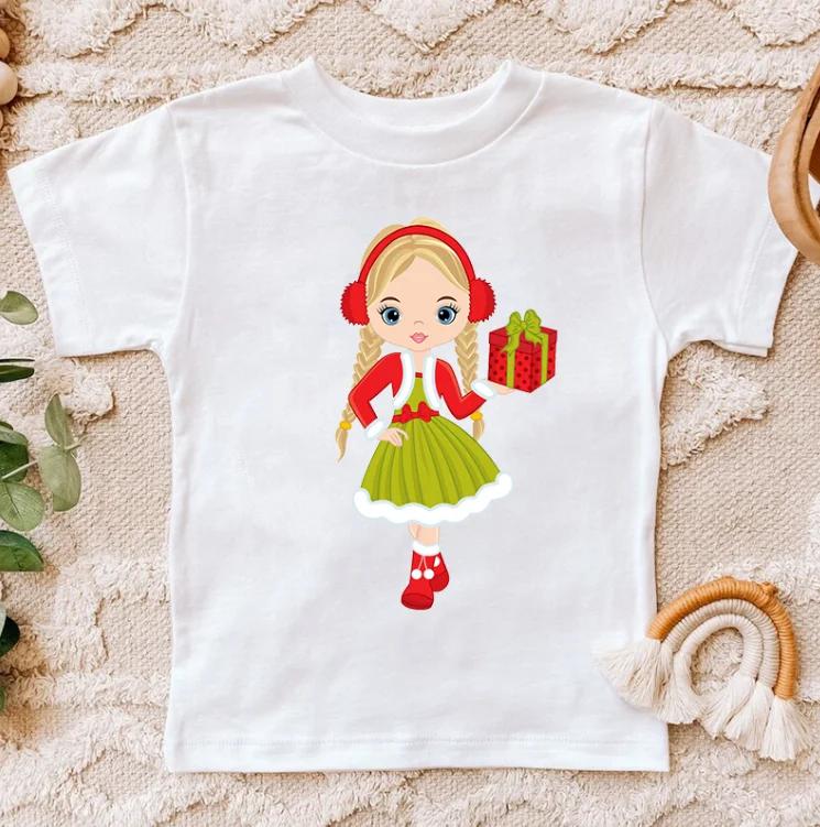 Summer Black Girl Holding Christmas Gift Box TShirt Short Sleeve Girls Top Fashionable Print Design New polyester fabric