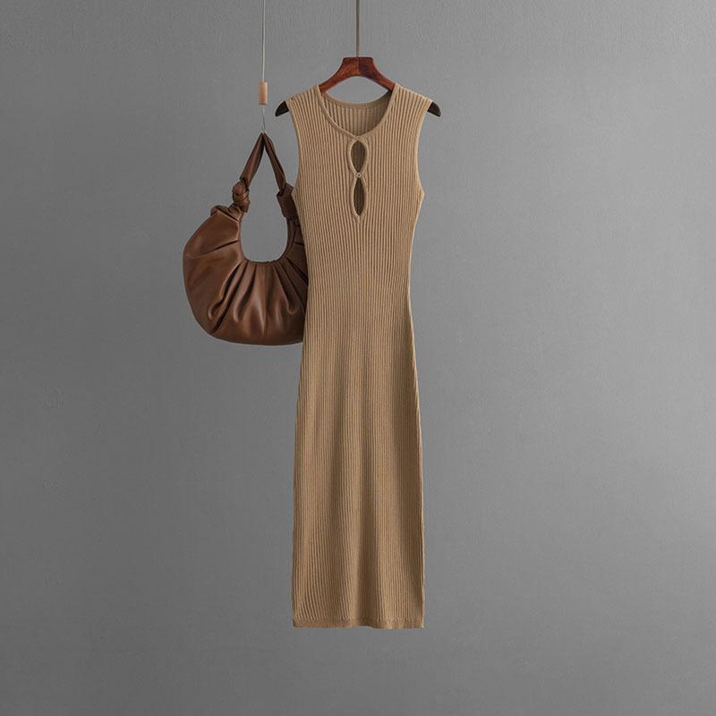 New Vintage Dress Senior Ice Silk Sleeveless Round Neck Slim Knit Mid-length Summer Sexy Base Dress