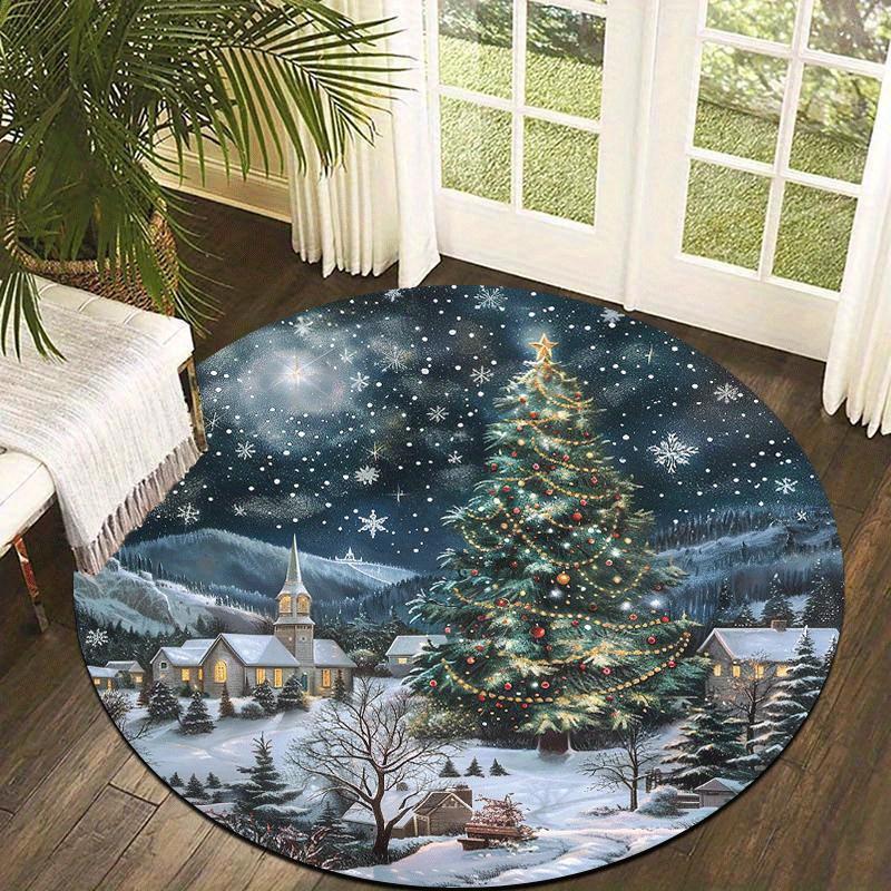 Holly Berry Christmas Tree Round Rug Entryway Door Bedroom Dining Room Living Room Balcony Sofa Side Area Circle Carpet