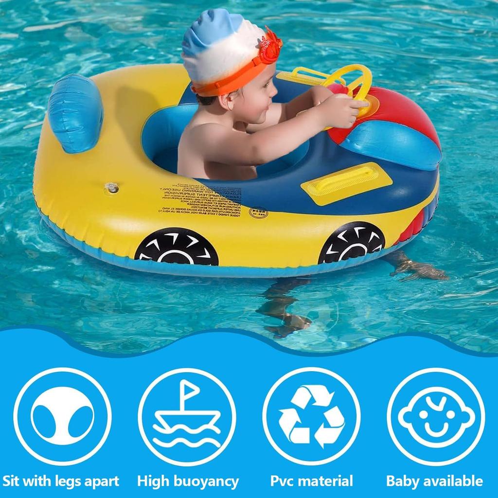 Children's Inflatable Swimming RingCute Car  Seat Toddler   Float Seat Boat with Steering Wheel Horn and Handles, Pool Toy for Girls Boys 1-5 Years
