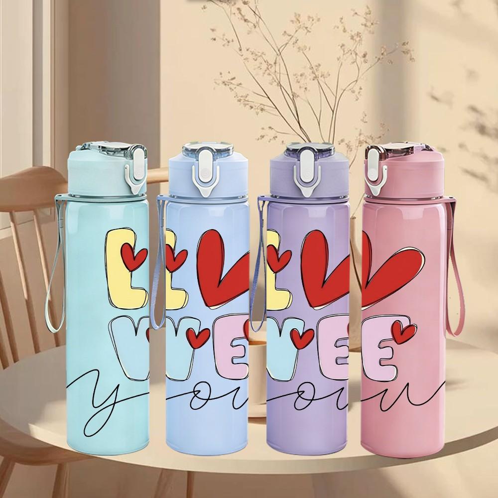 1PC Love You Cursive Letter Pattern 750ml Color Plastic Sports Water Bottle Leakproof Flip Straw Lid Suitable for Sports Office Home Use
