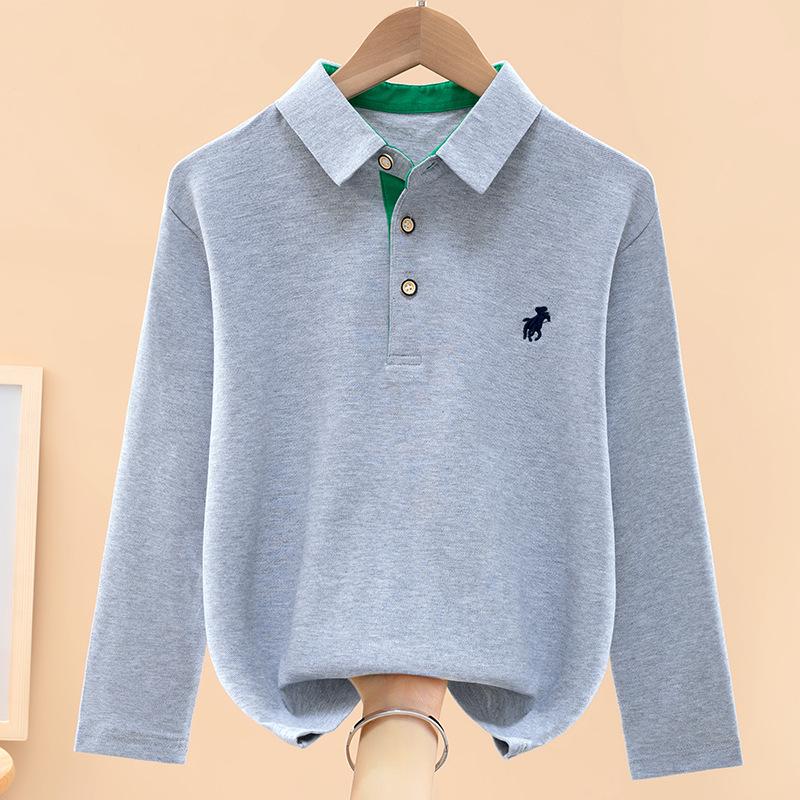 Boys' Autumn Long-Sleeve Cotton Polo Shirt with Turn-Down Collar
