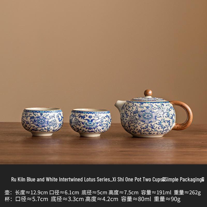 Blue & White Ru Kiln Ceramic Teapot featuring Intertwined Lotus Design – Xishi Style, Perfect for Home Tea Brewing, High-End Chinese Tea Set.