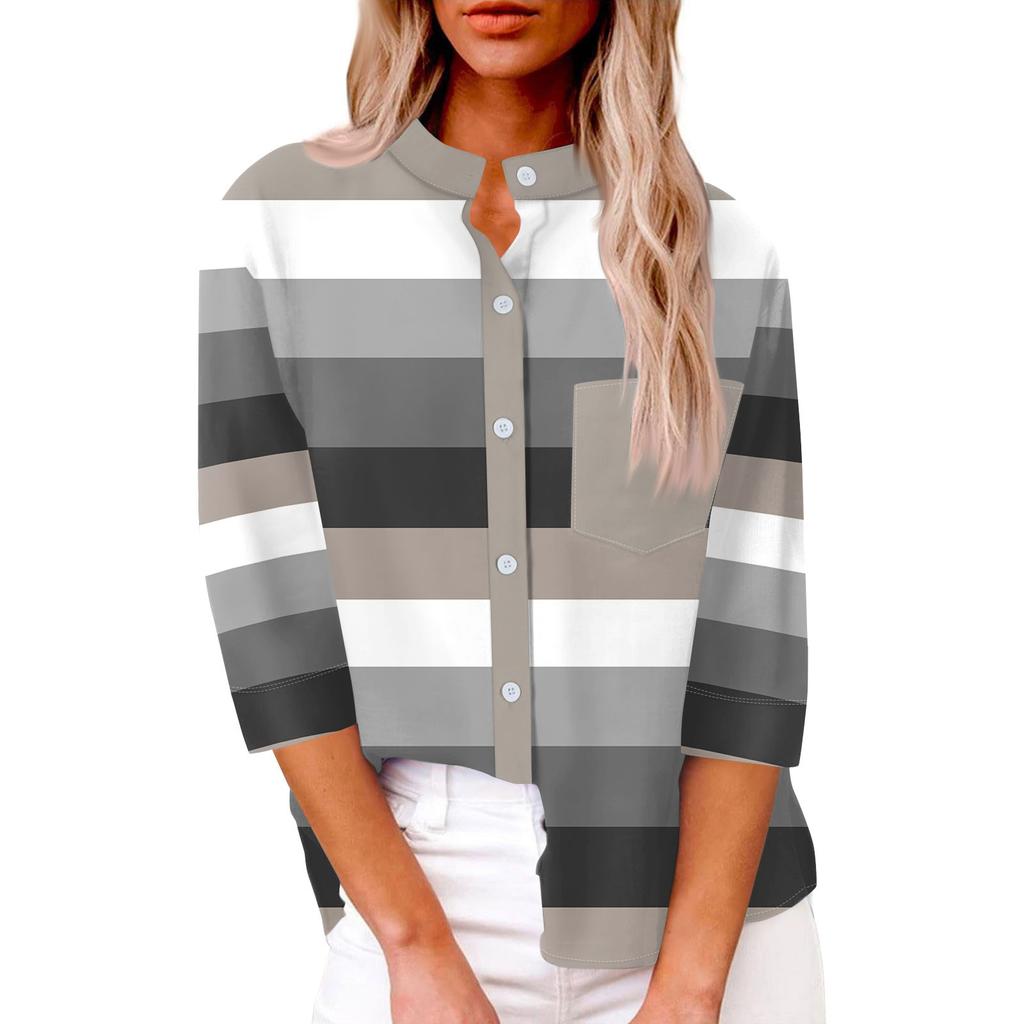 Women's Fashion Casual Shirt Button Loose Seven Sleeve Striped Patchwork Printed Top