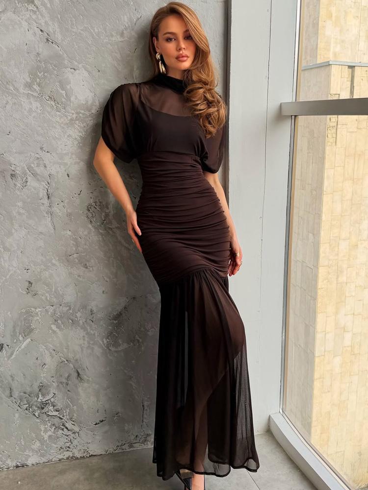 Черное сетчатое макси-платье для женщин, сексуальное платье без рукавов, прозрачное плиссированное платье для вечеринки, женская мода, облегающее длинное платье 2025