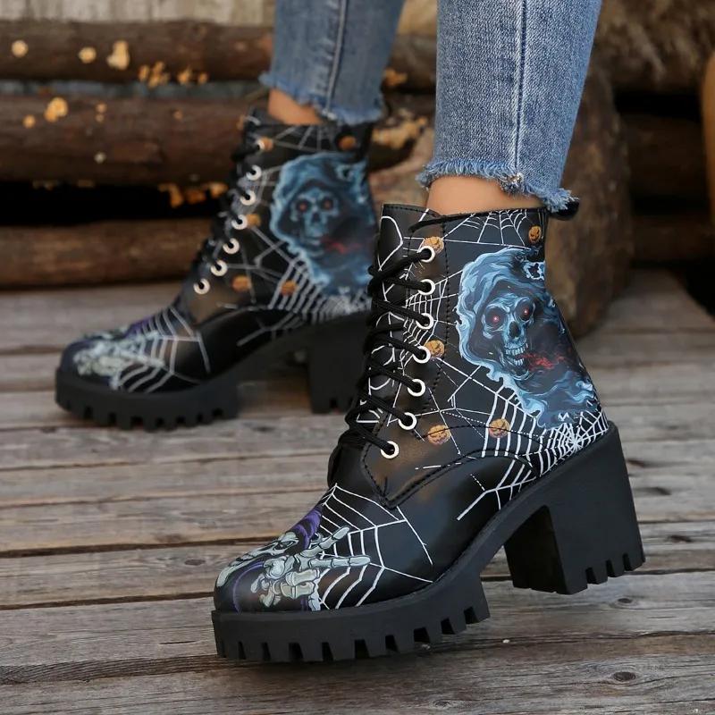 2024 High Quality Shoes Female Lace Up Women's Boots Autumn Round Toe Mixed Colors Short Barrel Chunky Heels Fashion Boots